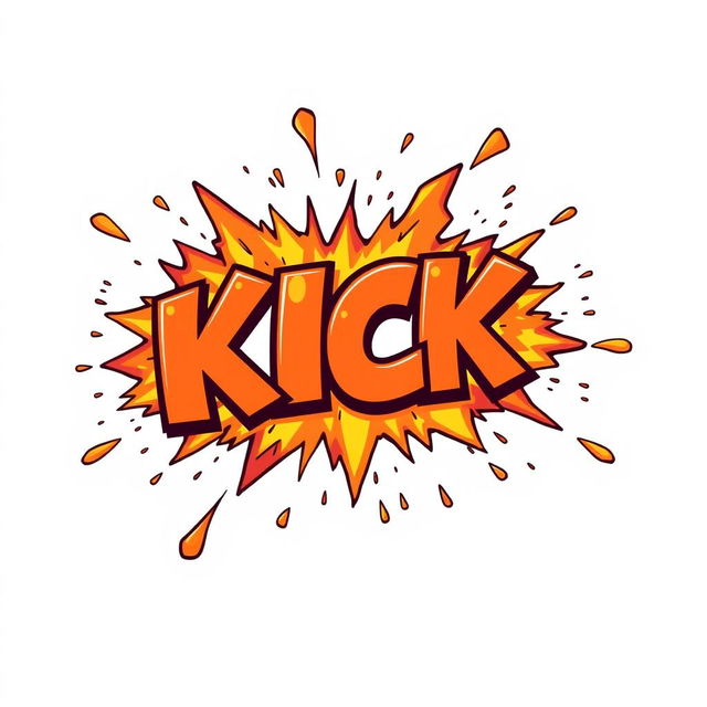 A vibrant and lively cartoon explosion shaped like the word 'KICK', with dynamic bursts of colorful flames, smoke and debris flying outward