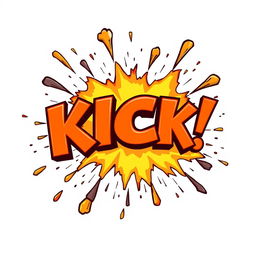 A vibrant and lively cartoon explosion shaped like the word 'KICK', with dynamic bursts of colorful flames, smoke and debris flying outward