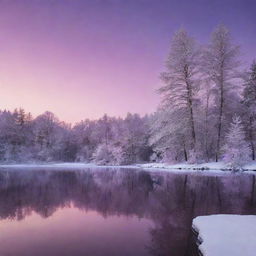 Generate an image of a serene winter landscape at twilight, complete with snow-covered trees and a glowing, purple and pink sky reflecting on a frozen lake.