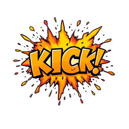 A vibrant and lively cartoon explosion shaped like the word 'KICK', with dynamic bursts of colorful flames, smoke and debris flying outward