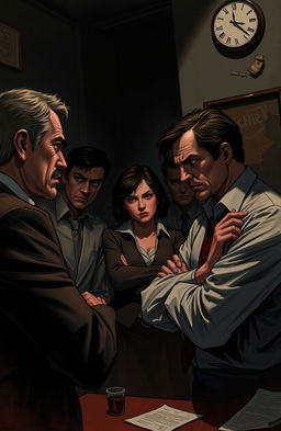 a tense scene depicting a group of people engaged in a heated discussion, showcasing suspicion and intrigue