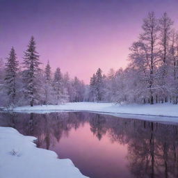 Generate an image of a serene winter landscape at twilight, complete with snow-covered trees and a glowing, purple and pink sky reflecting on a frozen lake.