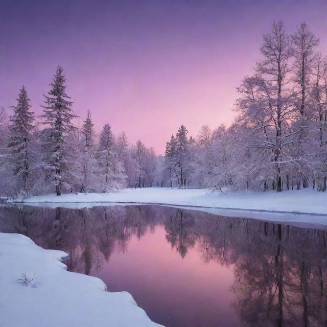 Generate an image of a serene winter landscape at twilight, complete with snow-covered trees and a glowing, purple and pink sky reflecting on a frozen lake.