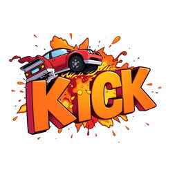 A dynamic scene capturing a 2D cartoon car driving by and exploding into the word 'KICK', which is represented in bold 3D font