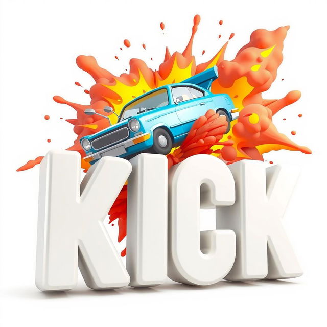 A dynamic scene capturing a 2D cartoon car driving by and exploding into the word 'KICK', which is represented in bold 3D font