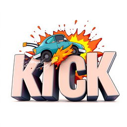 A dynamic scene capturing a 2D cartoon car driving by and exploding into the word 'KICK', which is represented in bold 3D font