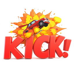 A dynamic scene capturing a 2D cartoon car driving by and exploding into the word 'KICK', which is represented in bold 3D font