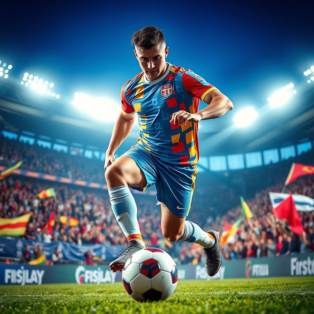 A dynamic scene featuring a male soccer player in an action-packed pose, showcasing his athleticism