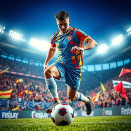 A dynamic scene featuring a male soccer player in an action-packed pose, showcasing his athleticism