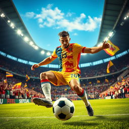 A dynamic scene featuring a male soccer player in an action-packed pose, showcasing his athleticism