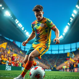 A dynamic scene featuring a male soccer player in an action-packed pose, showcasing his athleticism