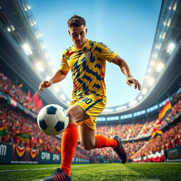 A dynamic scene featuring a male soccer player in an action-packed pose, showcasing his athleticism