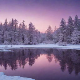 Generate an image of a serene winter landscape at twilight, complete with snow-covered trees and a glowing, purple and pink sky reflecting on a frozen lake.