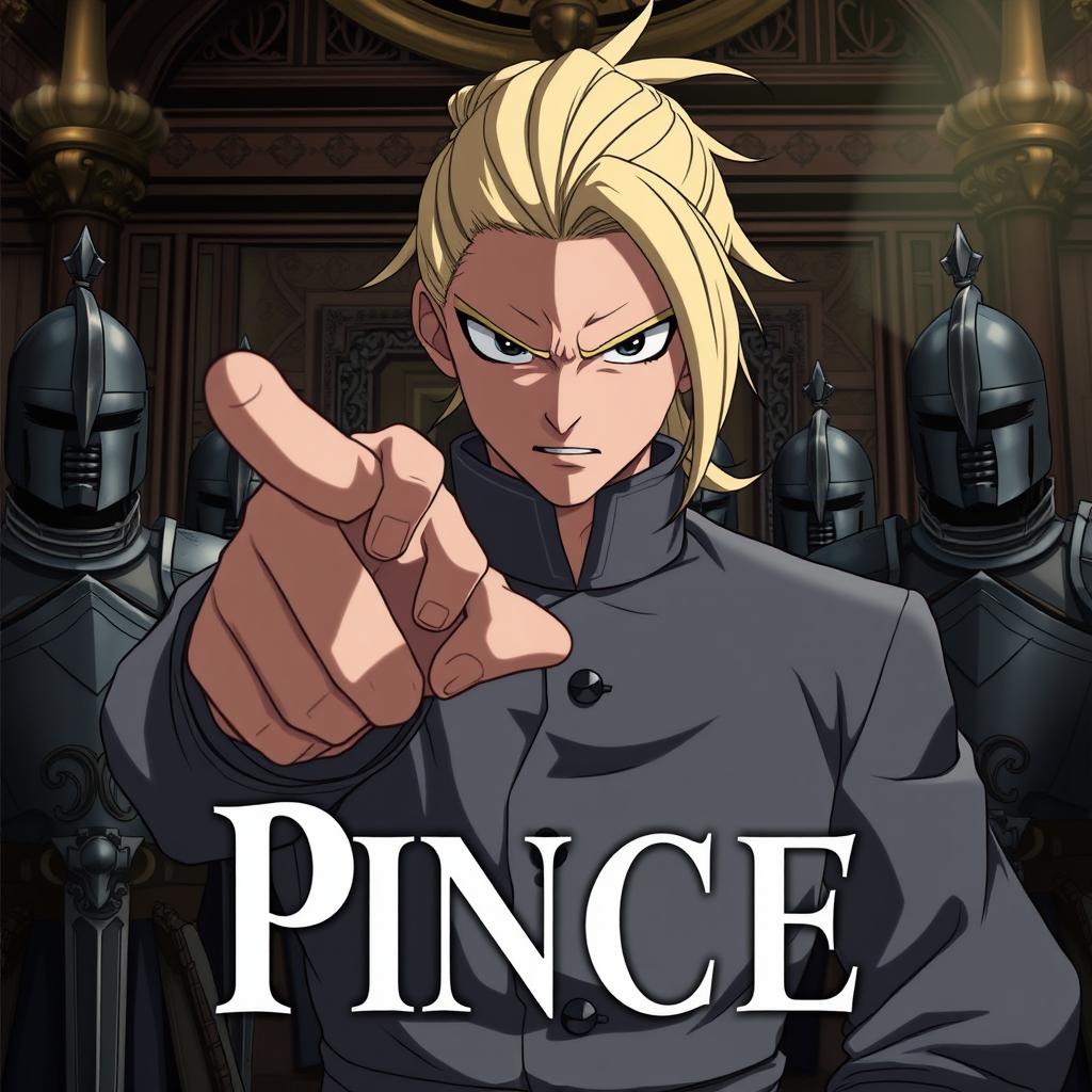 A dark anime cover titled "Pincer" featuring an angry and malevolent noble man dressed in a noble gray outfit