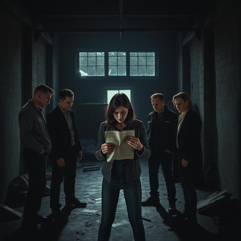 a dramatic scene in a dark, abandoned warehouse, focusing on a group of individuals gathered in a clandestine meeting