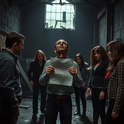 a dramatic scene in a dark, abandoned warehouse, focusing on a group of individuals gathered in a clandestine meeting