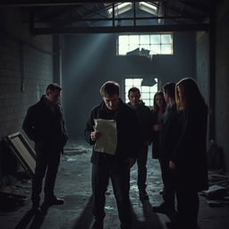 a dramatic scene in a dark, abandoned warehouse, focusing on a group of individuals gathered in a clandestine meeting