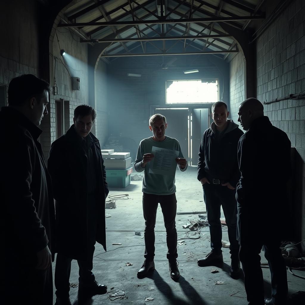 a dramatic scene in a dark, abandoned warehouse, focusing on a group of individuals gathered in a clandestine meeting