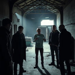 a dramatic scene in a dark, abandoned warehouse, focusing on a group of individuals gathered in a clandestine meeting