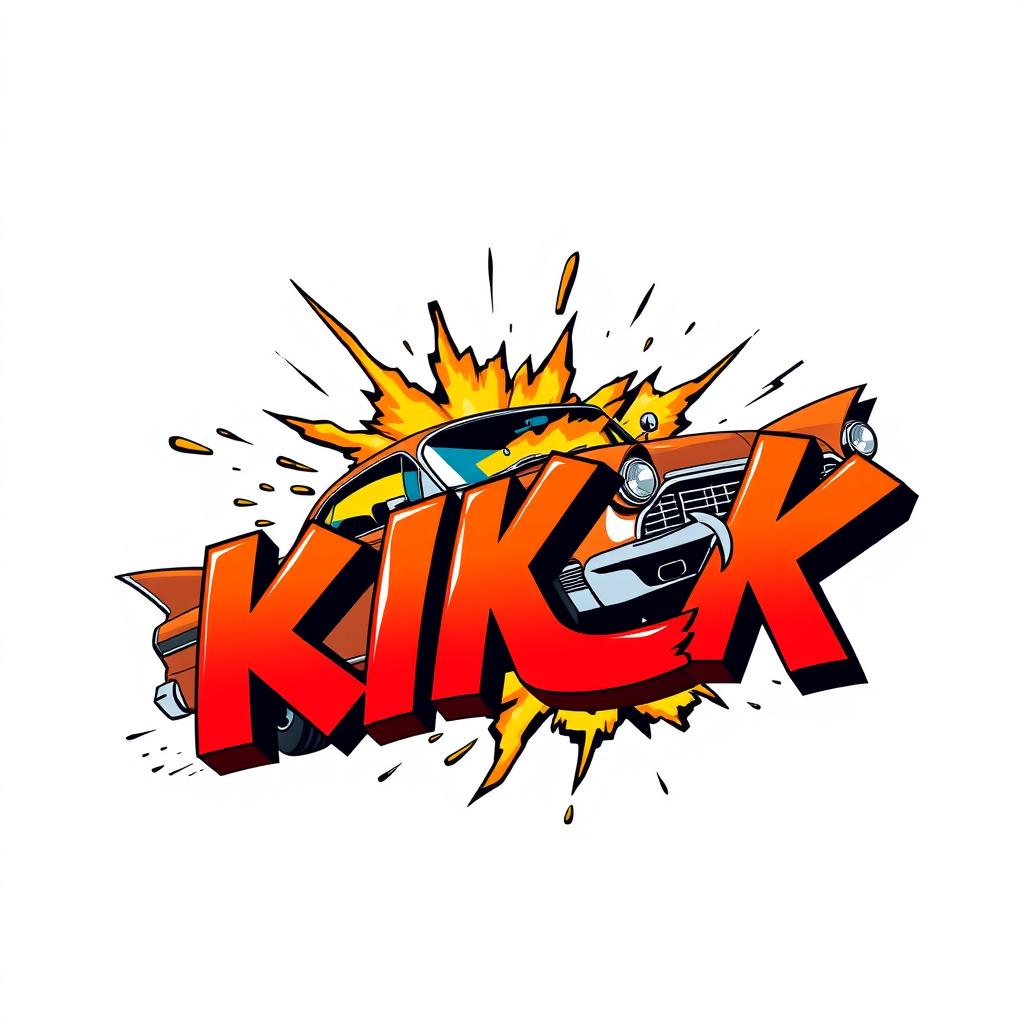 An engaging scene depicting a retro car driving by and exploding into the word 'KICK' in a bold 3D font