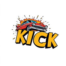 An engaging scene depicting a retro car driving by and exploding into the word 'KICK' in a bold 3D font