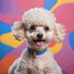 A Chinese Poodle drawn in the classic Popeye cartoon style, with exaggerated features and expressive eyes, placed in a colorful and vibrant background.