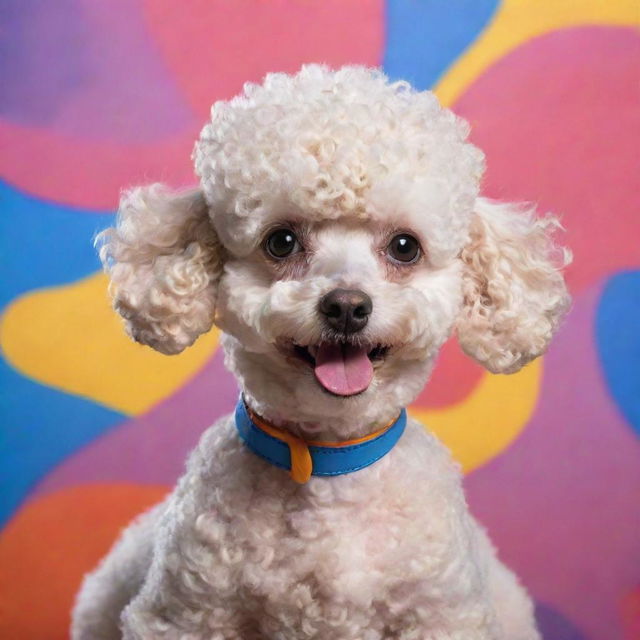 A Chinese Poodle drawn in the classic Popeye cartoon style, with exaggerated features and expressive eyes, placed in a colorful and vibrant background.