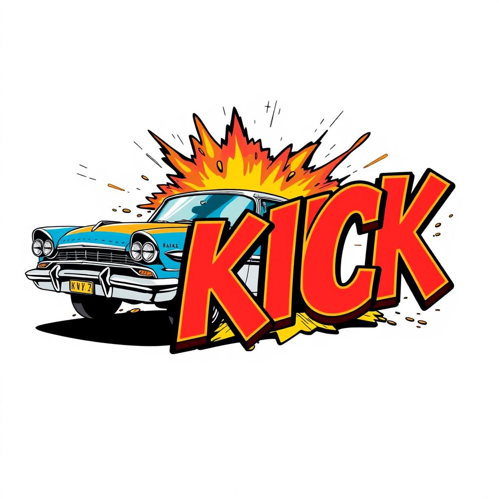 An engaging scene depicting a retro car driving by and exploding into the word 'KICK' in a bold 3D font