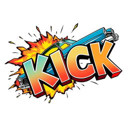 An engaging scene depicting a retro car driving by and exploding into the word 'KICK' in a bold 3D font