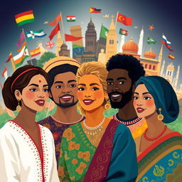 An abstract interpretation of the concept of race, showcasing individuals of diverse ethnic backgrounds, wearing traditional clothing from various cultures, celebrating unity and diversity