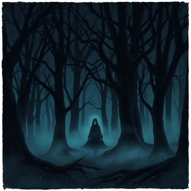 a haunting and atmospheric illustration of a dark, misty forest at twilight