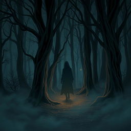 a haunting and atmospheric illustration of a dark, misty forest at twilight