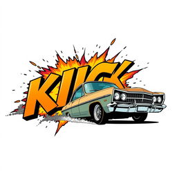 An exciting scene showcasing a retro car driving by and dramatically exploding into the word 'KICK' depicted in large, bold 3D font