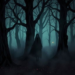 a haunting and atmospheric illustration of a dark, misty forest at twilight