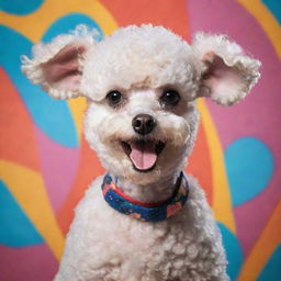 A Chinese Poodle drawn in the classic Popeye cartoon style, with exaggerated features and expressive eyes, placed in a colorful and vibrant background.