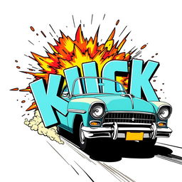 An exciting scene showcasing a retro car driving by and dramatically exploding into the word 'KICK' depicted in large, bold 3D font