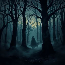 a haunting and atmospheric illustration of a dark, misty forest at twilight