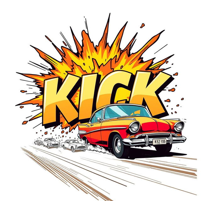 An exciting scene showcasing a retro car driving by and dramatically exploding into the word 'KICK' depicted in large, bold 3D font