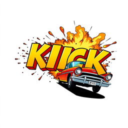 An exciting scene showcasing a retro car driving by and dramatically exploding into the word 'KICK' depicted in large, bold 3D font