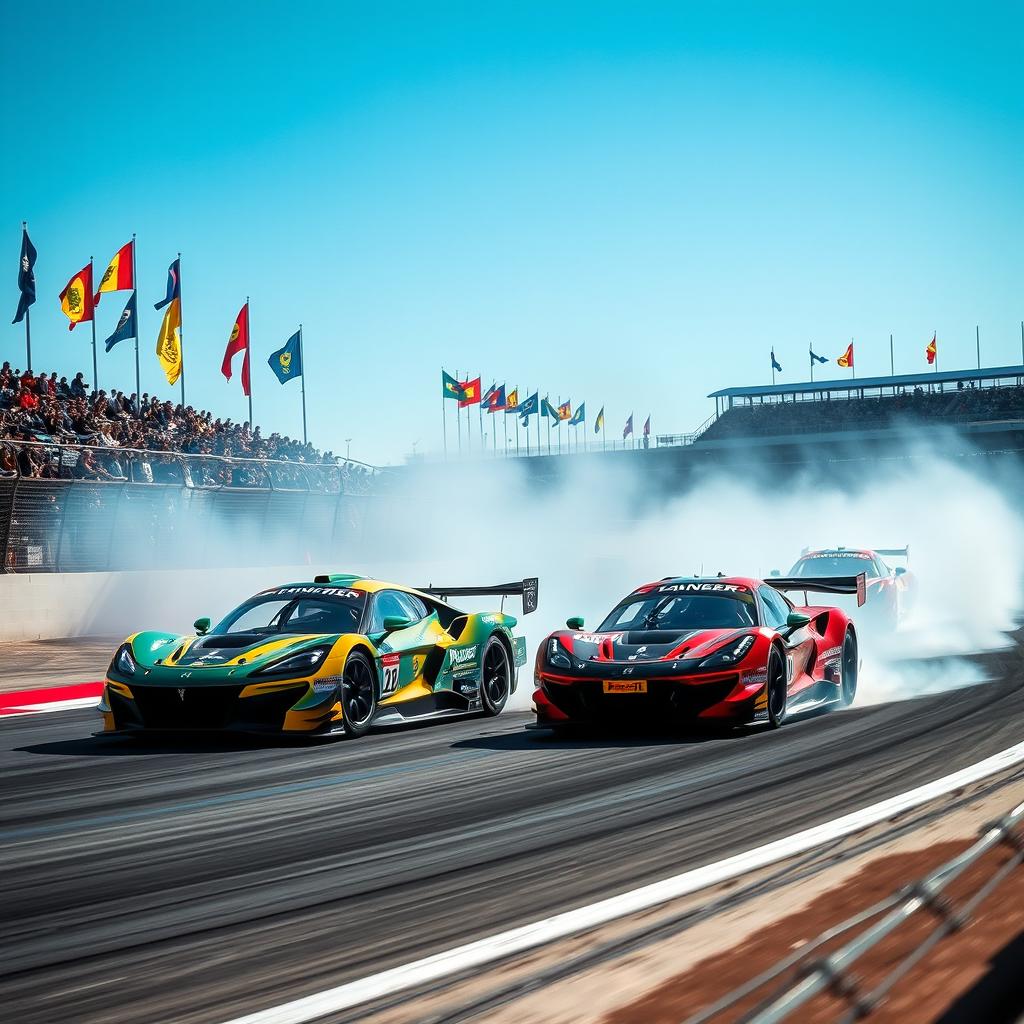 A dynamic and thrilling scene of a high-speed racing competition, featuring sleek, powerful race cars zooming around a winding track