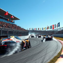 A dynamic and thrilling scene of a high-speed racing competition, featuring sleek, powerful race cars zooming around a winding track