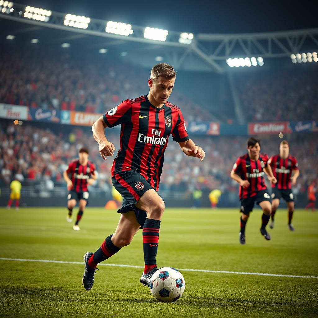 A dynamic soccer player in an AC Milan jersey showcasing agility and strength on the field, captured mid-action as he dribbles the ball with precision, surrounded by teammates in a vibrant stadium setting filled with cheering fans