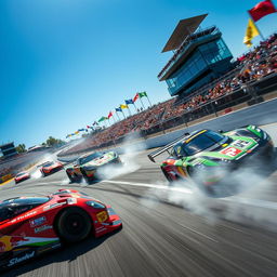 A dynamic and thrilling scene of a high-speed racing competition, featuring sleek, powerful race cars zooming around a winding track