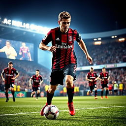 A dynamic soccer player in an AC Milan jersey showcasing agility and strength on the field, captured mid-action as he dribbles the ball with precision, surrounded by teammates in a vibrant stadium setting filled with cheering fans