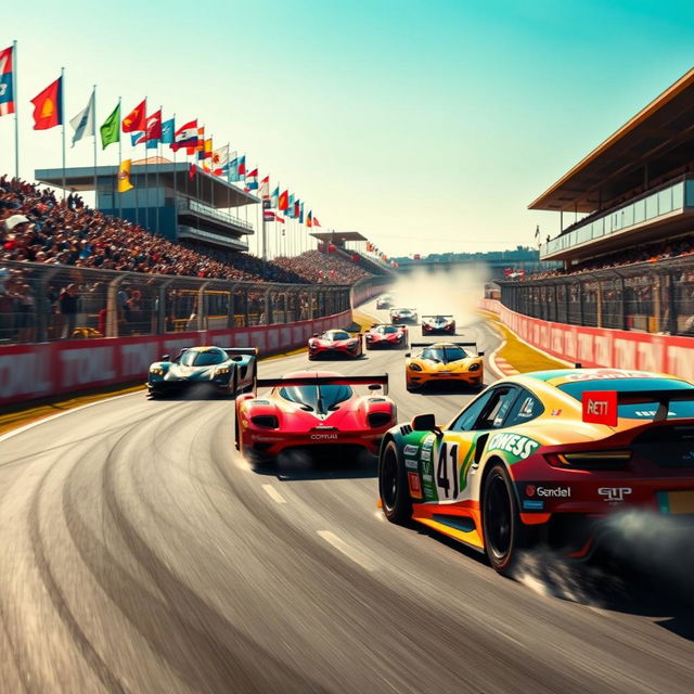 A dynamic and thrilling scene of a high-speed racing competition, featuring sleek, powerful race cars zooming around a winding track