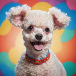 A Chinese Poodle drawn in the classic Popeye cartoon style, with exaggerated features and expressive eyes, placed in a colorful and vibrant background.