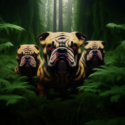 Menacing bulldogs with red eyes and mean faces, standing assertively amidst the dense greenery of a forest.