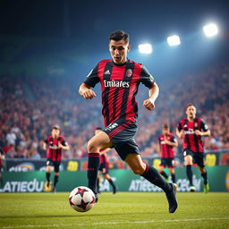 A dynamic soccer player in an AC Milan jersey showcasing agility and strength on the field, captured mid-action as he dribbles the ball with precision, surrounded by teammates in a vibrant stadium setting filled with cheering fans