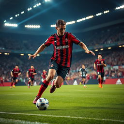 A dynamic soccer player in an AC Milan jersey showcasing agility and strength on the field, captured mid-action as he dribbles the ball with precision, surrounded by teammates in a vibrant stadium setting filled with cheering fans