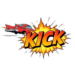 An exhilarating scene featuring a retro car zooming by and then dramatically exploding into the word 'KICK', displayed in a large, bold 3D font